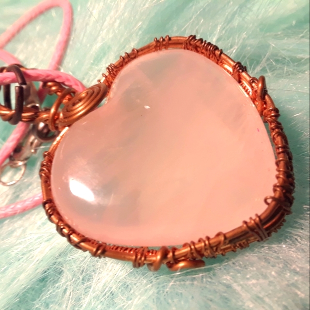 Pink Quartz Crystal Copper Wire Wrapped Necklace